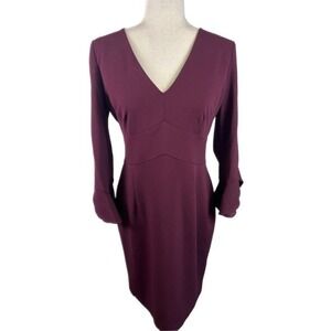 New DKNY Women's Burgundy V-Neck Flared Long Sleeve Sheath Dress Size 10